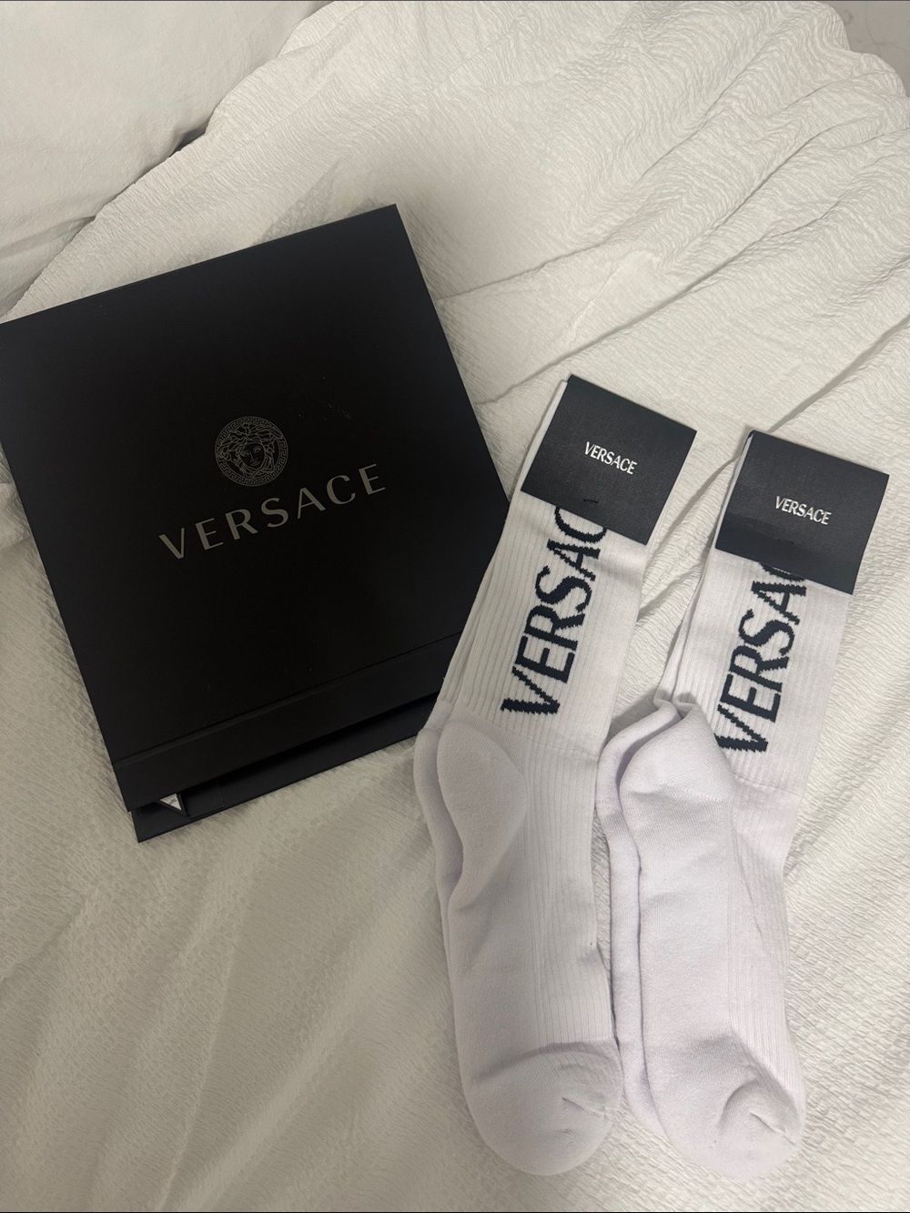 Versace White Logo Crew Socks w box